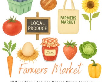 May include: Watercolor illustration of farmers market items. Includes blueberries, bread, a tomato, a sign that says "LOCAL PRODUCE", a tote bag with "FARMERS MARKET", a sunflower, a carrot, an egg, jam, a strawberry, a cabbage, and a yellow bell pepper. The text "Farmers Market" is also included.