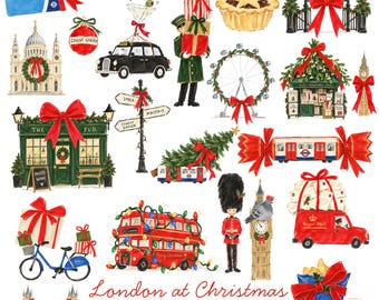 London at Christmas  Watercolor Clipart Bundle | 22 British PNG Illustrations | Big Ben, Red Bus, Black Cab & London Icons | Commercial Use