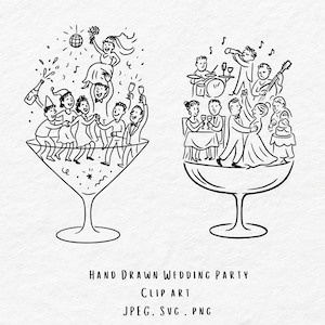 Whimsical Wedding Party Illustrations – Champagne & Martini Glass Celebration Clipart | PNG SVG JPG | Bachelorette Wedding Invite Graphics