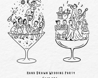 Whimsical Wedding Party Illustrations – Champagne & Martini Glass Celebration Clipart | PNG SVG JPG | Bachelorette Wedding Invite Graphics