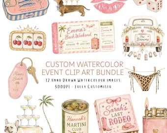 Benutzerdefinierte Aquarell-Illustrationen | Personalisierte Bachelorette, Hochzeit, Jubiläum & Geburtstag Clip Art | 12 benutzerdefinierte PNG-Dateien
