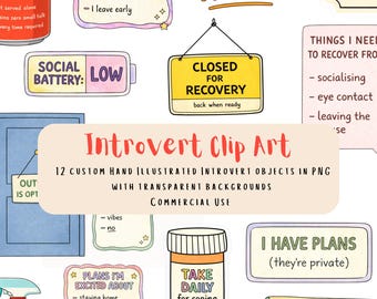 Introvert Clip Art | 12 PNG Anti-Social Stickers | Digital Download | Transparent Background | Cozy Homebody Graphics | Commercial Use