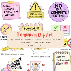 Peut inclure: Ensemble de clip art sur le thème du féminisme, comprenant une note adhésive rose avec le texte « Wow. Imagine Respecting Women », un panneau d'avertissement jaune et un cercle violet avec « No is a complete sentence ».