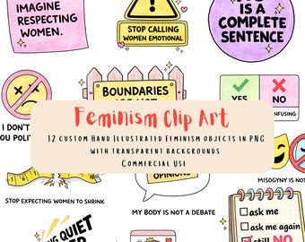 Feminist Clip Art PNG Set – 12 Hand-Drawn Feminism Stickers, Empowerment Quotes, Bold Digital Graphics, Commercial Use