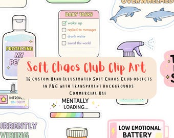 Soft Chaos Club Clip Art | 16 PNG Mental Health Stickers | Transparent Background | Self Care Digital Graphics | Soft Grunge Therapy Clipart