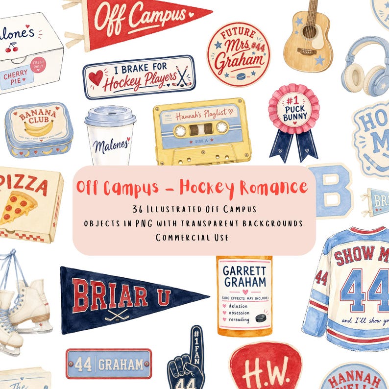 Paquete de 36 imágenes PNG de romance de hockey fuera del campus / Gráficos inspirados en fan art de romance de hockey / Paquete de imágenes PNG de BookTok / Uso comercial / Descarga digital imagen 1