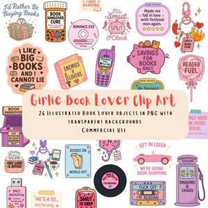 Puede incluir: Una colección de 26 objetos de clip art ilustrados para amantes de los libros en formato PNG con fondos transparentes. La imagen incluye varias ilustraciones temáticas de libros, como un libro, una hucha, una cinta de casete y un coche descapotable rosa. El texto de la imagen dice "Girlie Book Lover Clip Art".