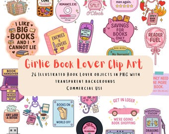 26 Girlie Book Lover Clipart PNG Bundle | Romance Reader | BookTok Smut Reader | Bookish Clip Art | Commercial Use PNG | Digital Download