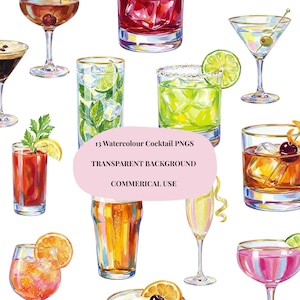 Puede incluir: Ilustraciones en acuarela de varios cócteles, como un martini, mojito y old fashioned. La imagen incluye el texto "13 Watercolour Cocktail PNGS", "Transparent Background" y "Commerical Use".