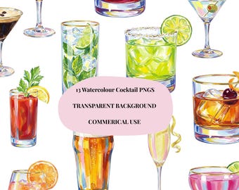 Watercolour Cocktail Clip Art – 13 Hand-Painted PNG Drinks, Transparent Background, Digital Bar Art for Commercial Use