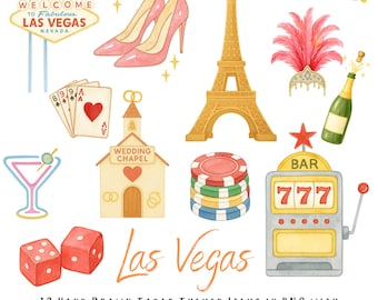 Las Vegas Clipart Set – 12 Hand-Drawn Watercolour PNGs with Transparent Backgrounds – Casino, Wedding, Showgirl & Champagne Illustrations