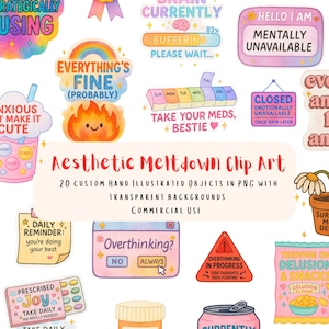 Op de afbeelding: Aesthetic Meltdown Clip Art met 20 handgeïllustreerde objecten in PNG-formaat. Bevat een regenboog, een vlam met een gezicht, een pillendoos en tekst met de tekst "Everything's Fine (Probably)". Transparante achtergronden en commercieel gebruik.