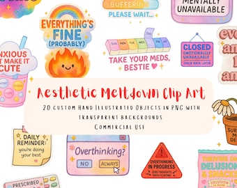 20 Aesthetic Meltdown PNGs | Mental Health Clip Art, Overthinking, Delulu Era, Commercial Use