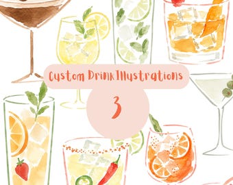 Custom Drink Illustration | Personalized Cocktail Watercolor | Wedding Cocktail Menu | Hand Painted Drink Portrait | Printable PNG