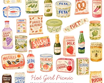 Hot Girl Picnic Watercolor 28 Clipart Bundle | Food & Drink PNG Clip Art Set | Picnic Aesthetic Graphics | Sardines, Olive | Commercial Use