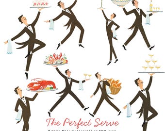 Vintage Waiter Clip Art Bundle | 8 Elegant Food & Drink PNGs | Mid Century Restaurant Illustrations | Wedding Menu Clipart | Transparent PNG