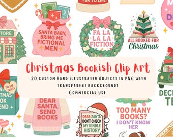 20 Weihnachtsbuch Clip Art PNGs | Urlaub lesen Aufkleber, fiktive Männer, gemütliche Romantik, kommerzielle Nutzung