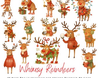 Whimsy Reindeer Clipart – 14 Hand Drawn Watercolour Christmas Reindeer – PNG with Transparent Background - Commercial Use
