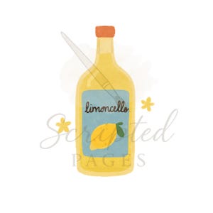 K&ouml;nnte beinhalten: Aquarell-Illustration einer gelben Limoncello-Flasche mit orangefarbenem Verschluss. Die Flasche hat ein blaues Etikett mit dem Wort "limoncello" und einer Zitronenillustration. Zwei gelbe Blumenakzente befinden sich links und rechts.