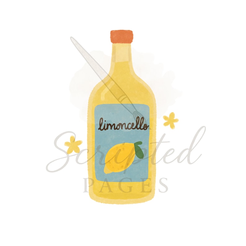 K&ouml;nnte beinhalten: Aquarell-Illustration einer gelben Limoncello-Flasche mit orangefarbenem Verschluss. Die Flasche hat ein blaues Etikett mit dem Wort "limoncello" und einer Zitronenillustration. Zwei gelbe Blumenakzente befinden sich links und rechts.