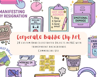 28 Corporate Baddie Clip Art PNG Bundle | Funny Work Sticker Graphics, Office Humor Sublimation, Delulu Career Aesthetic, Commercial Use