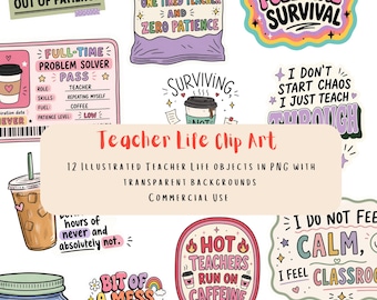 12 Teacher Clipart PNG Bundle | Funny Teacher Quotes | Teacher Life Stickers | Back to School Clip Art | Teacher Gifts PNG | Commercial Use