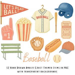 Op de afbeelding: Waterverfillustraties van honkbalthema's, waaronder een shirt, een honkbal, een handschoen, een helm, een knuppel, een ticket, een hotdog en een wimpel met de tekst "Let's Play Ball!". Het woord "Baseball" is cursief geschreven.