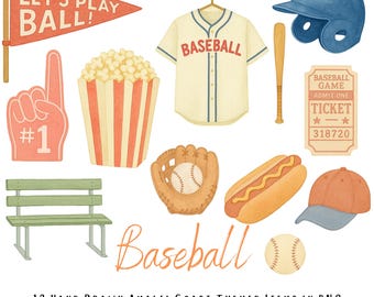 Baseball Clipart Set – 12 Hand-Drawn Watercolor PNGs with Transparent Backgrounds – Game Day Hot Dog, Jersey, Bat & Ball Illustrations