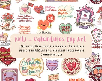 Anti-Valentines Clip Art – 26 Funny Breakup & Self Love PNGs, Sass and Sarcasm Stickers, Digital Download for Commercial Use