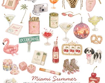 Miami Summer Clip Art PNG Bundle - 28 handgezeichnete Aquarell PNGs mit transparenten Hintergründen - Retro Küsten Clipart | Diskokugel, Martini