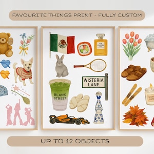 Aangepaste favoriete dingen-print – handgetekende gepersonaliseerde illustratie | Aangepast cadeau voor haar, hem en vrienden | Muurkunst in aquarelstijl
