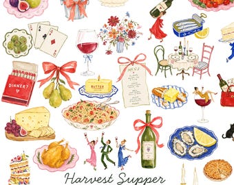 Harvest Supper Clipart Bundle | 32 Fall Dinner Party PNGs | Thanksgiving Food & Wine Clip Art | Vintage Watercolor Commercial Use