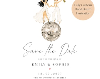 Custom Two Brides Save the Date Card | Hand Drawn Whimsical Wedding Illustration | Personalised LGBTQ+ Save the Date | Watercolour Wedding