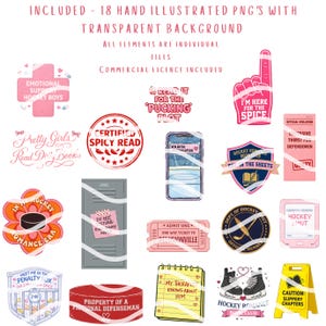 Puede incluir: Una colecci&oacute;n de 18 gr&aacute;ficos PNG ilustrados a mano con fondos transparentes. Los gr&aacute;ficos incluyen texto e ilustraciones relacionadas con el hockey, como una taquilla, entradas y un dedo de espuma. La paleta de colores es principalmente rosa, blanco y negro.