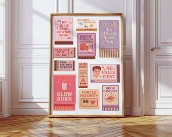 Arte mural de caja de cerillas con tropos de BookTok: impresión digital para lectores de novelas románticas, amantes de la lectura y decoración con estética literaria (tamaño A1-A4)