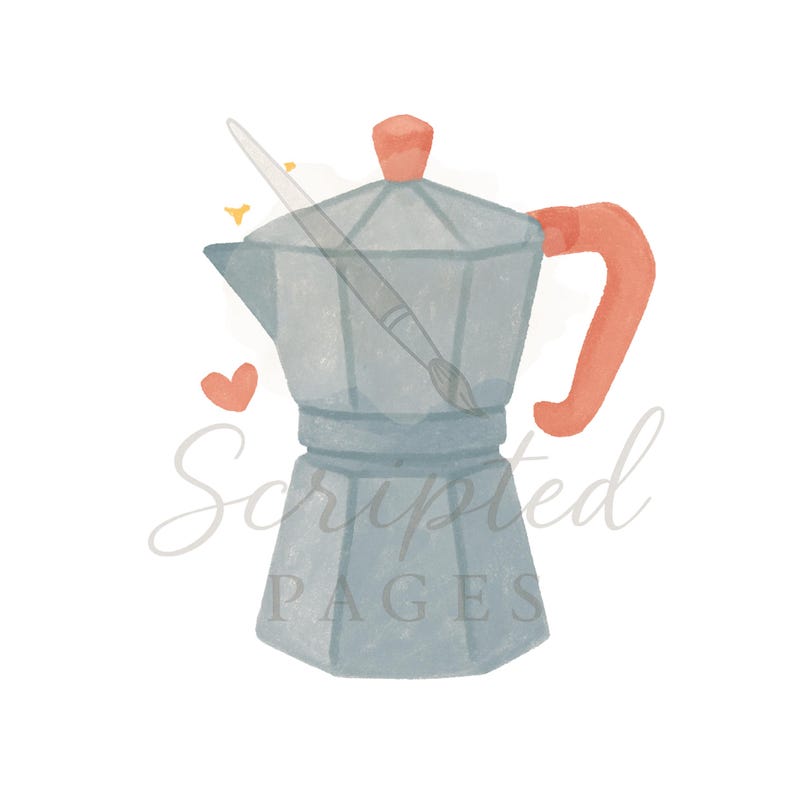 K&ouml;nnte beinhalten: Aquarell-Illustration eines silbernen Espressokochers mit korallenfarbenem Griff und Deckel. Ein Pinsel und zwei kleine Herzen sind ebenfalls im Bild. Der Text "Scripted Pages" befindet sich im Bild.
