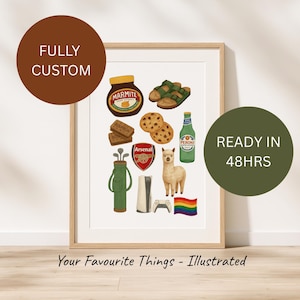 Impresión personalizada de "Cosas Favoritas": Ilustración personalizada dibujada a mano / Regalo personalizado para ella, él o amigos / Arte mural estilo acuarela