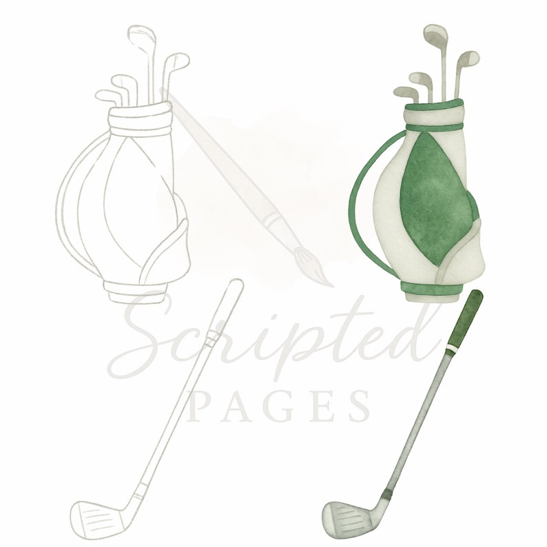 K&ouml;nnte beinhalten: Aquarell-Illustration von Golfausr&uuml;stung. Das Bild zeigt eine Golftasche mit Schl&auml;gern, einen Golfschl&auml;ger und einen Pinsel. Die Golftasche ist wei&szlig; mit gr&uuml;nen Akzenten. Der Golfschl&auml;ger hat einen gr&uuml;nen Griff. Der Text "Scripted Pages" befindet sich im Hintergrund.