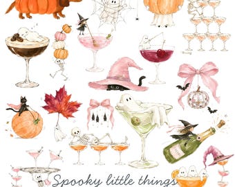 Cute Halloween Watercolor Clipart Bundle | 20 Spooky Season PNGs | Ghost, Witch, Pumpkin Clip Art | Pink Halloween Graphics | Commercial Use