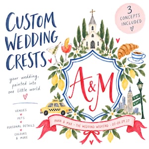 Pode incluir: Uma ilustração de brasão de casamento personalizado com um escudo azul central e as iniciais A&M em vermelho, rodeado por motivos em aguarela, incluindo uma igreja, um táxi amarelo, um croissant, uma chávena de café, limões e uma placa.
