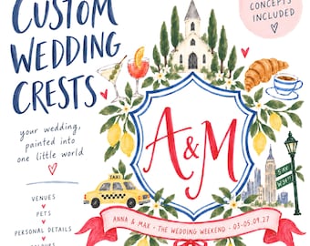 Custom Wedding Crest, Bespoke Watercolour Monogram, Personalised Wedding Logo, 3 Hand Painted Concepts