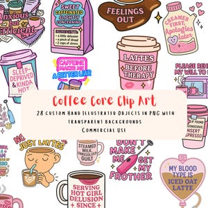 Pode incluir: Uma coleção de ilustrações de clip art com tema de café. As imagens incluem xícaras de café, arte latte e textos humorísticos como "Lattes Before Therapy" e "Caffeine Makes Me a Better Liar". A paleta de cores é principalmente rosa, marrom e branco.