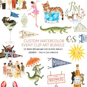 May include: A collection of watercolour illustrations featuring a cat in a blue drink, a dachshund in a martini glass with a flag, a dancing person, a crocodile, a sun, a dinner party, a crocodile with an umbrella, and custom event signage.