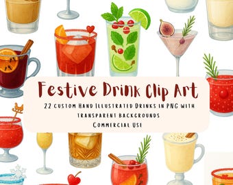 Festive Holiday Drink Clip Art – 22 Hand Drawn Christmas Cocktails & Beverages – PNGs with Transparent Backgrounds - Commercial Use