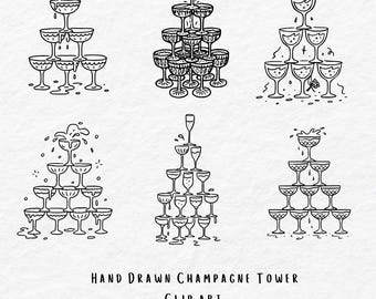 Whimsical Champagne Tower Clipart – Hand-Drawn Celebration SVG PNG JPG Bundle | Wedding, Bachelorette & Party Graphics