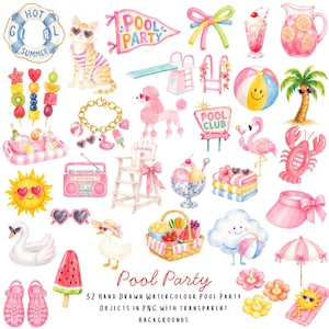 May include: A collection of watercolor illustrations featuring summer pool party items including a cat, poodle, flamingo, lobster, beach ball, palm tree, sun, sunglasses, pool float, lifeguard chair, picnic basket, and various snacks in pink and bright tones.