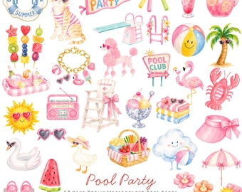 Pool Party 32 Watercolor Clipart Bundle | Summer PNG Clip Art Set | Cute Pink Pool Party Graphics | Beach Ball, Flamingo | Commercial Use