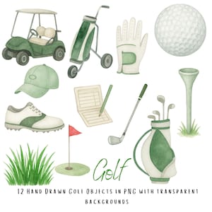 Golf clipartset – 12 handgetekende aquarel png-bestanden met transparante achtergrond – illustraties golfkar, clubs, tee, bal en scorecard