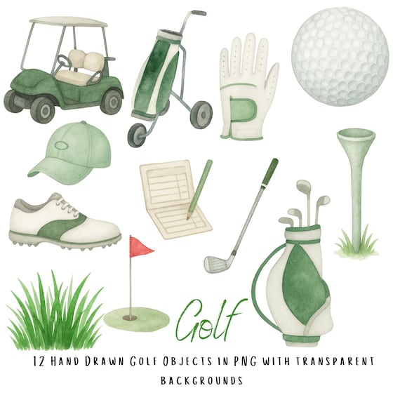 Golf Clipart Set – 12 Hand-Drawn Watercolor PNGs with Transparent Backgrounds – Golf Cart, Clubs, Tee, Ball & Scorecard Illustrations