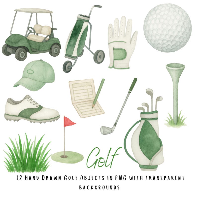 K&ouml;nnte beinhalten: Aquarell-Illustration von Golfausr&uuml;stung, darunter ein Golfwagen, eine Golftasche, ein Golfball, ein Handschuh, ein Schuh, eine Kappe, eine Scorekarte, ein Bleistift, ein Golfschl&auml;ger, ein Tee, eine Fahne und Gras. Das Wort "Golf" ist gr&uuml;n geschrieben.